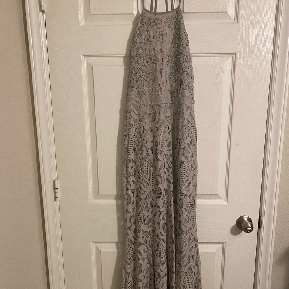 Boutique floor length grey lace maxi dress with open back